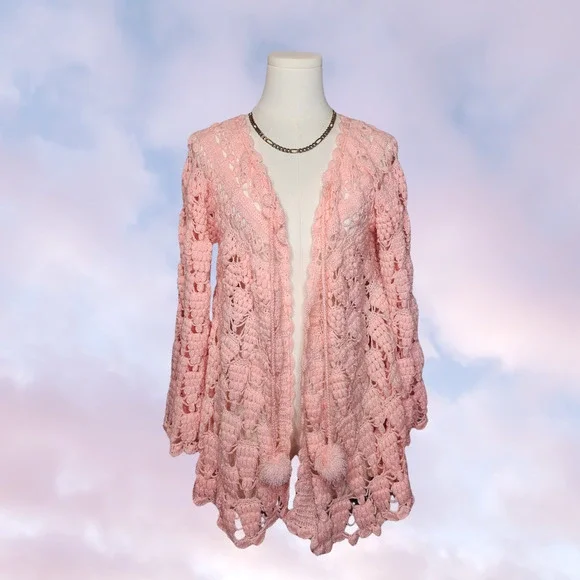 Vtg Handmade Pink Open Knit Coquette Cottage Prairie Bell Sleeve Knit Sweater - Picture 2 of 7